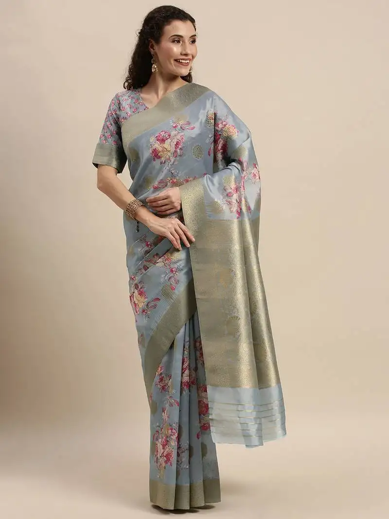 Grey silk woven floral printed saree with blouse