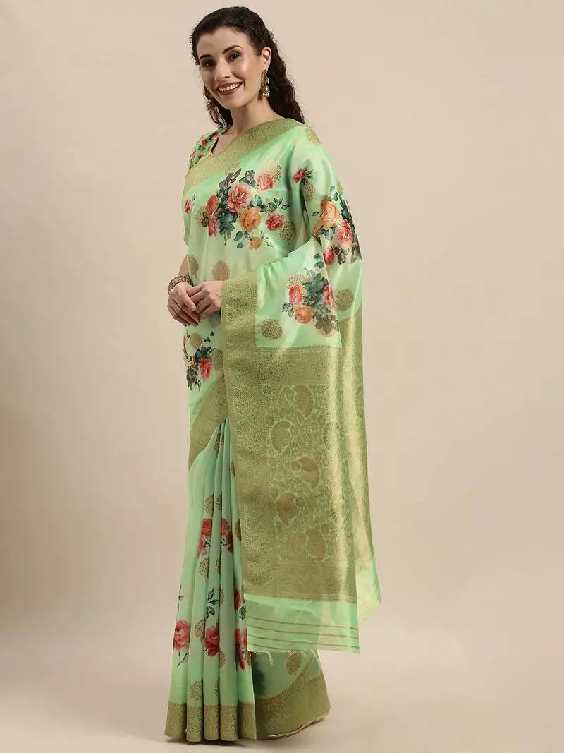 Green silk woven floral printed saree with blouse