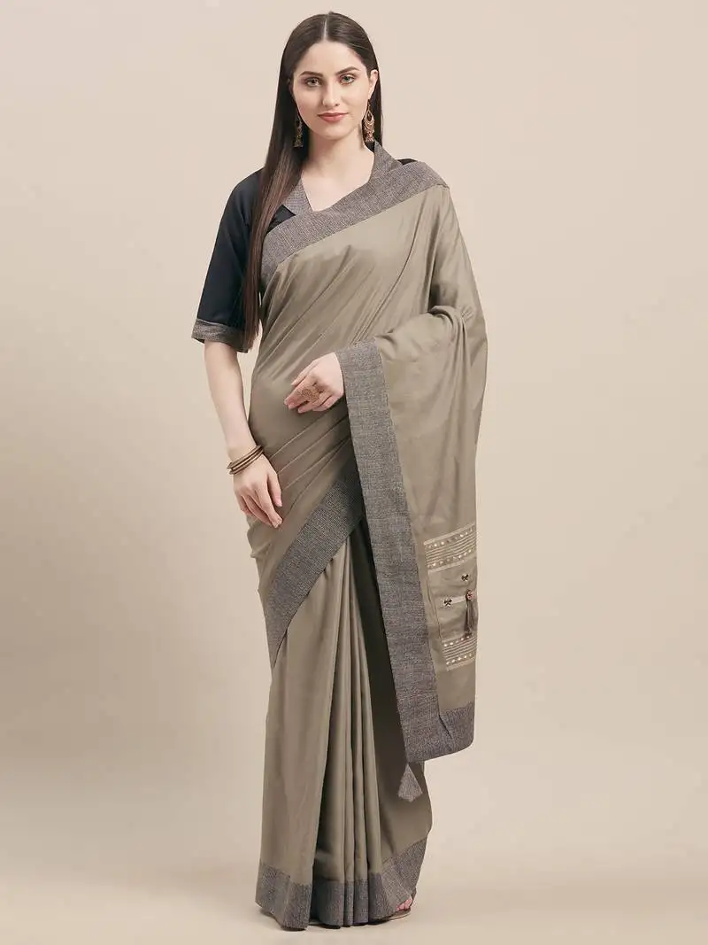 Grey color ruby silk emroidered saree
