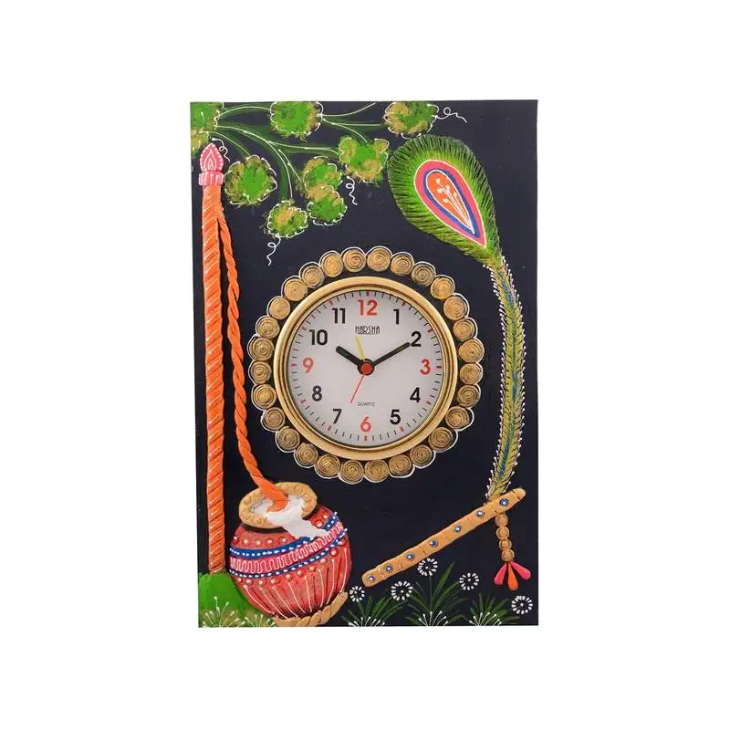 Wooden papier mache matki design artistic handcrafted wall clock