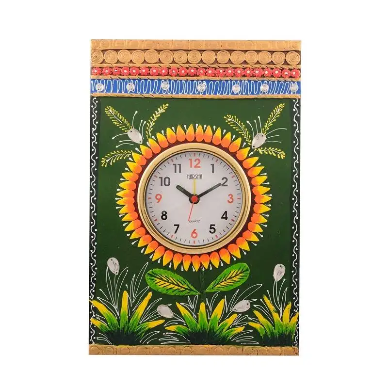 Wooden papier mache green leaves artistic handcrafted wall clock