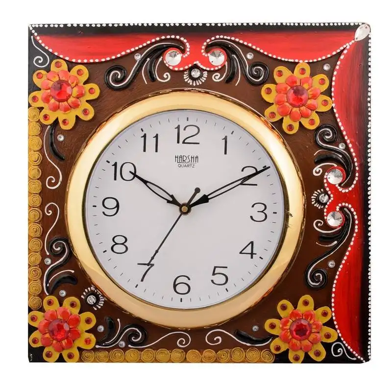 Wooden papier mache floral embossed handcrafted wall clock