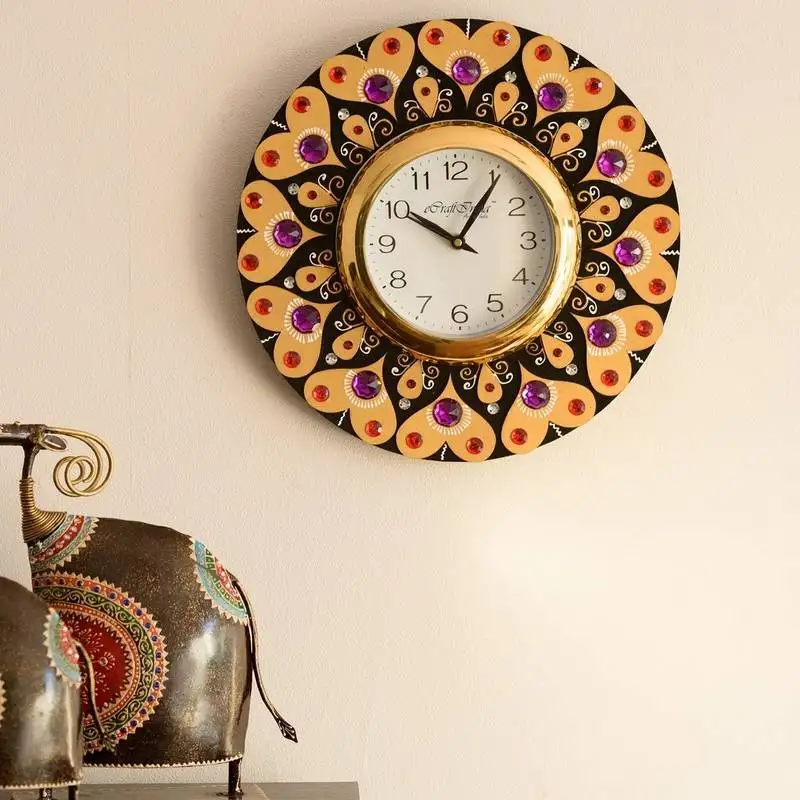 Purple and red crystal on adorning heart wooden handcrafted wall clock