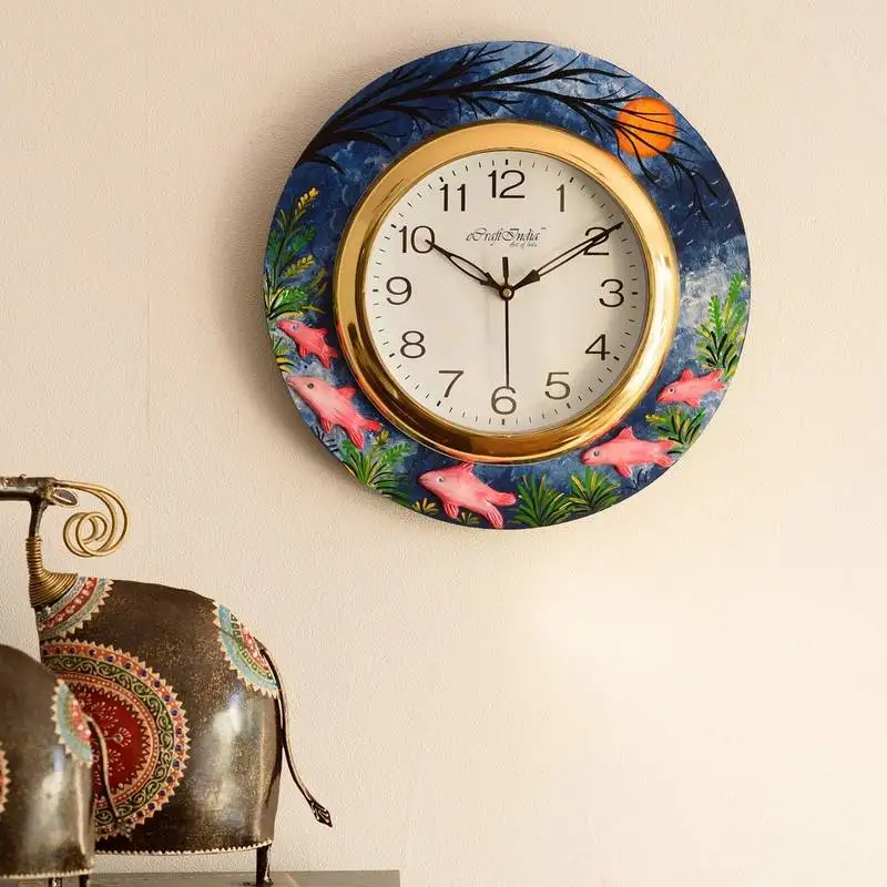 Underwater life view with embossed fishes wooden handcrafted wall clock