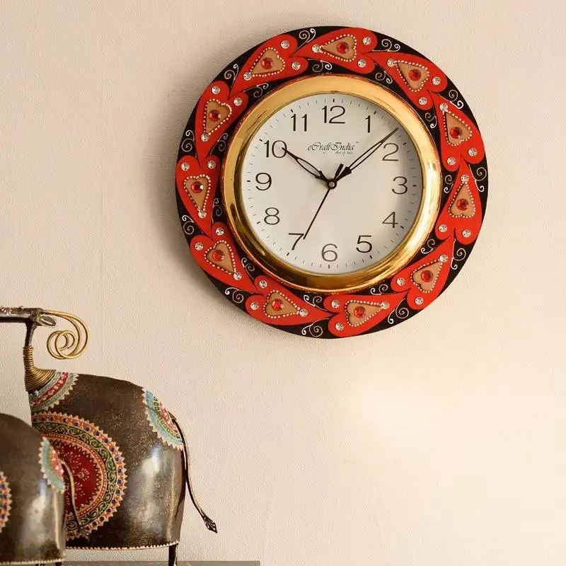 Creative crystal studded red hearts wooden handcrafted wall clock