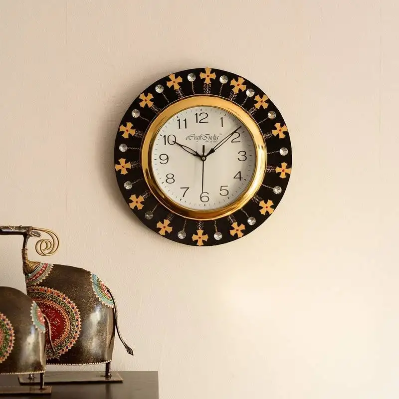 Crystal and geometric blocks studded black wooden handcrafted wall clock