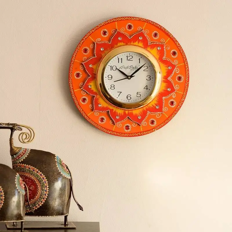 Crystal studded floral shape wooden handcrafted wall clock