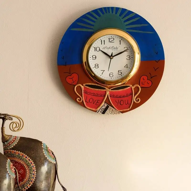 I love you written coffee mugs wooden handcrafted wall clock