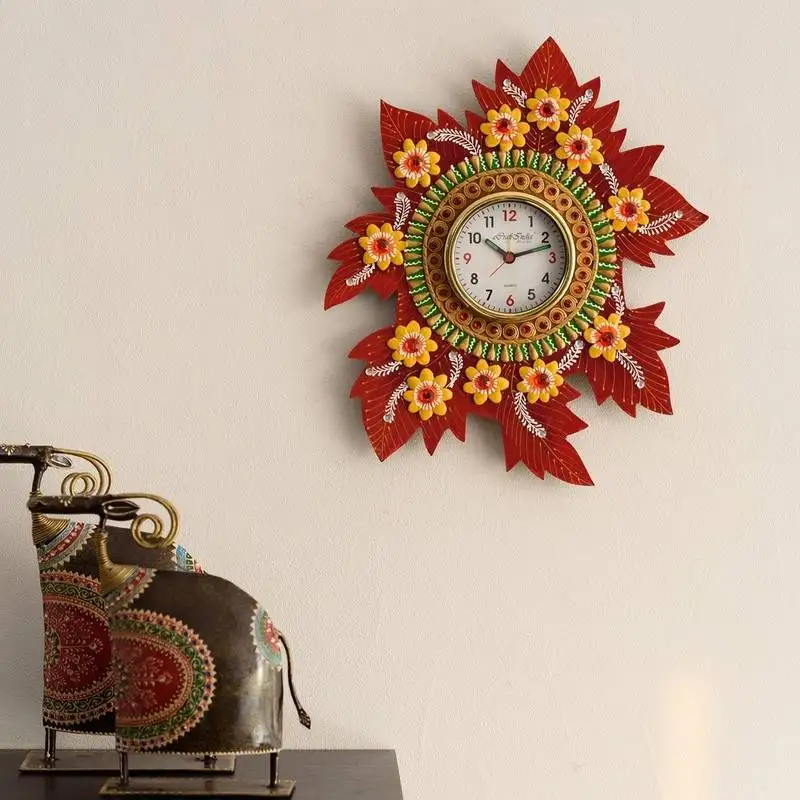 Leaf shape artistic papier-mache wooden handcrafted wall clock