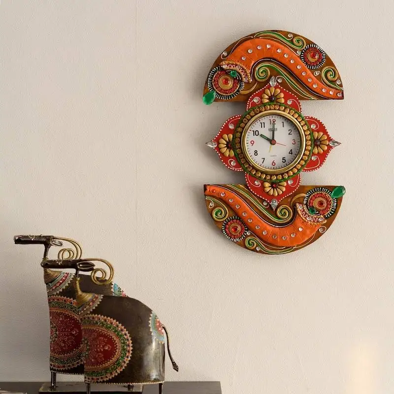 Shehnai embossed artistic papier-mache wooden handcrafted wall clock