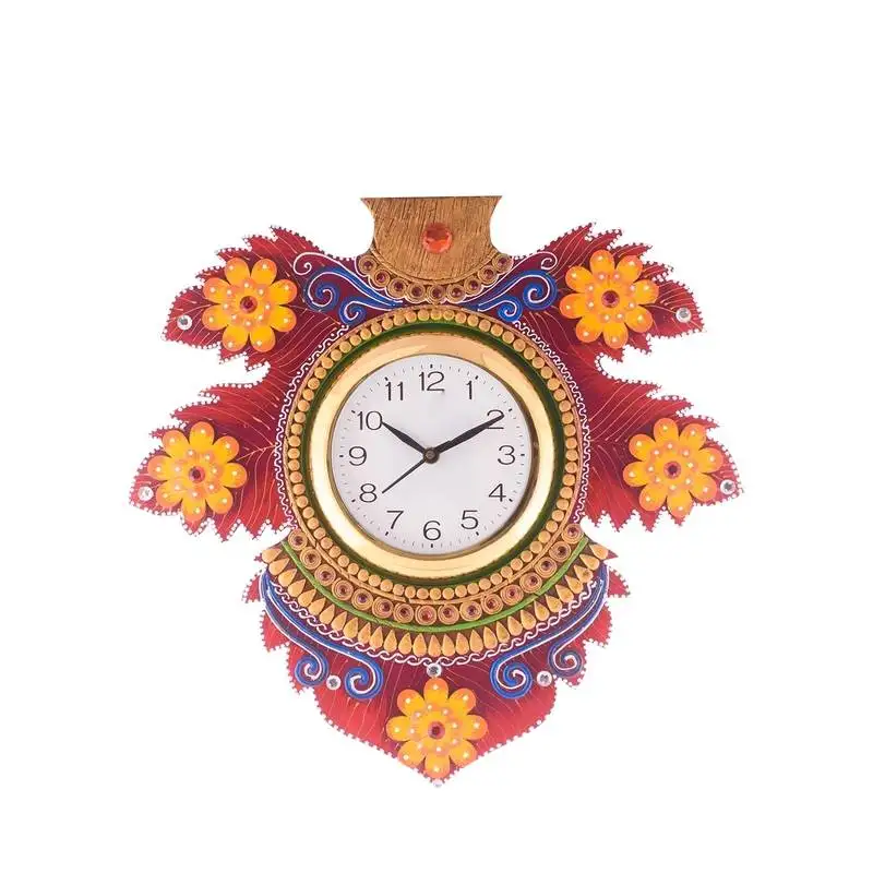 Floral lead shape wooden handcrafted wooden wall clock (h - 15.5 inch)
