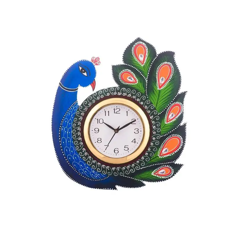 Exotic and stylish colorful peocock wooden handcrafted wooden wall clock (h - 15 inch)