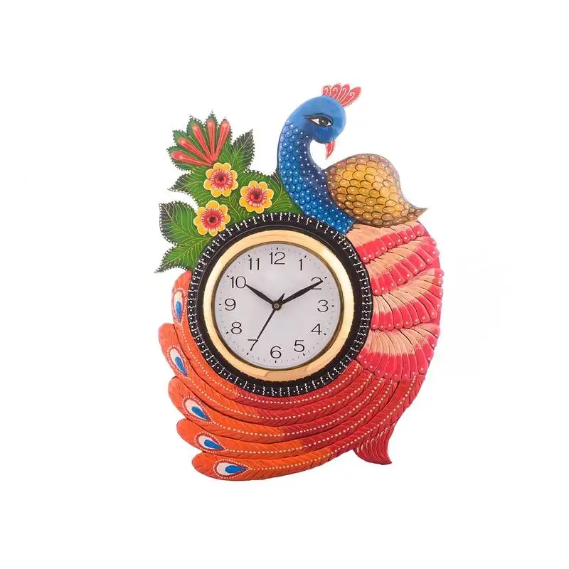 Exotic and stylish colorful peocock wooden handcrafted wooden wall clock (h - 16.5 inch)