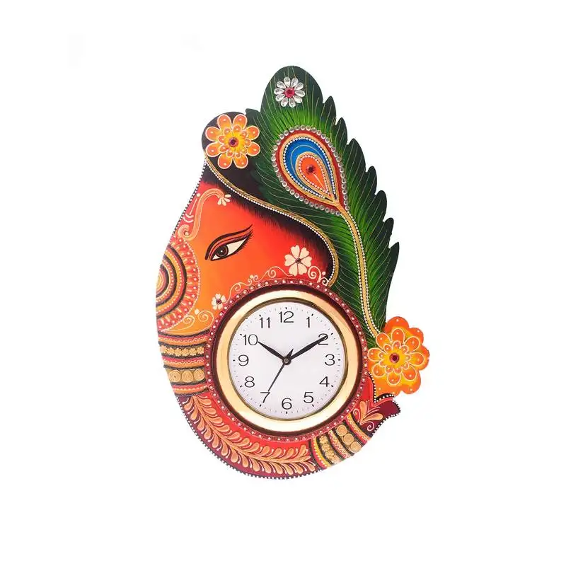 Turban lord ganesha coloful wooden handcrafted wooden wall clock (h - 18inch)