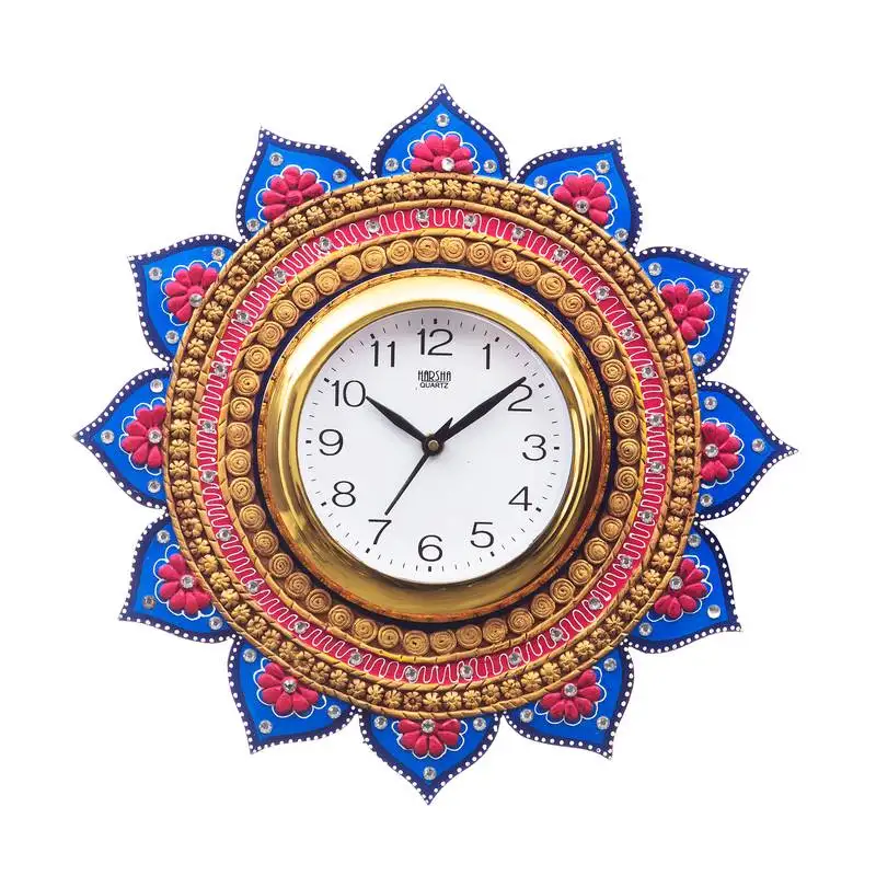 Analog wall clock    (gold & blue, with glass)