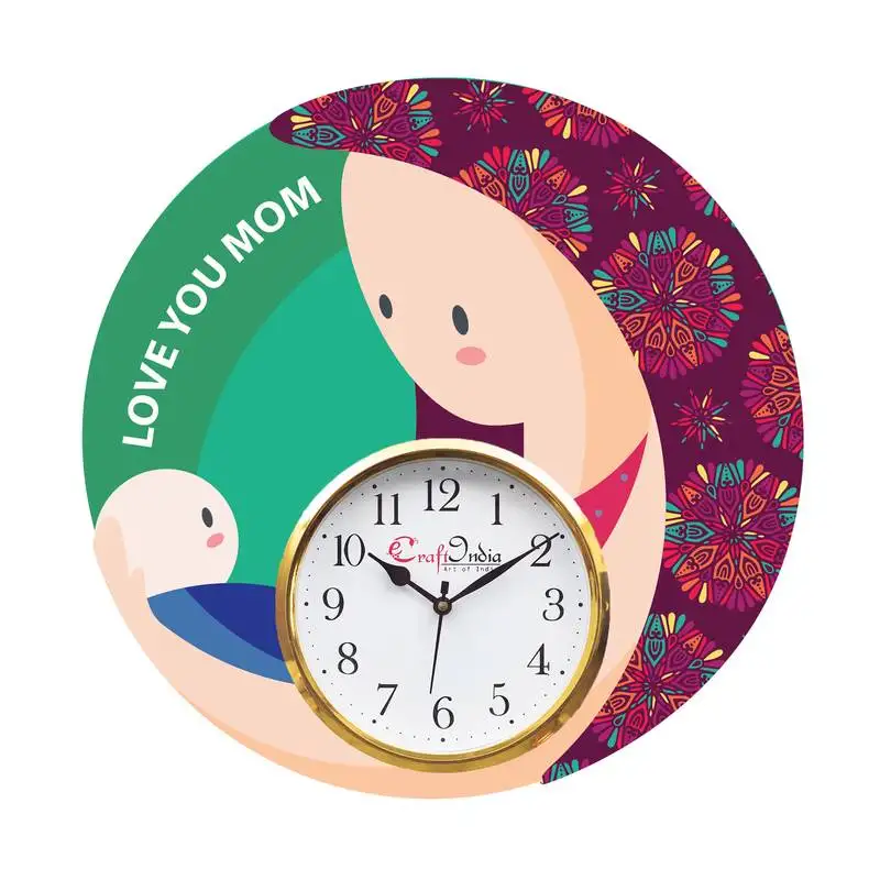 Love you mom theme wooden colorful round wall clock