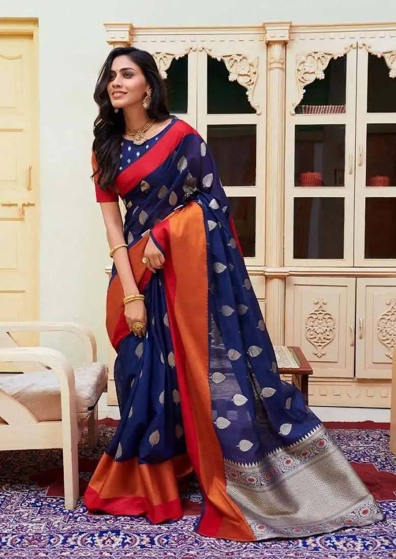 Navy blue cotton blend zari border & pallu saree with blouse