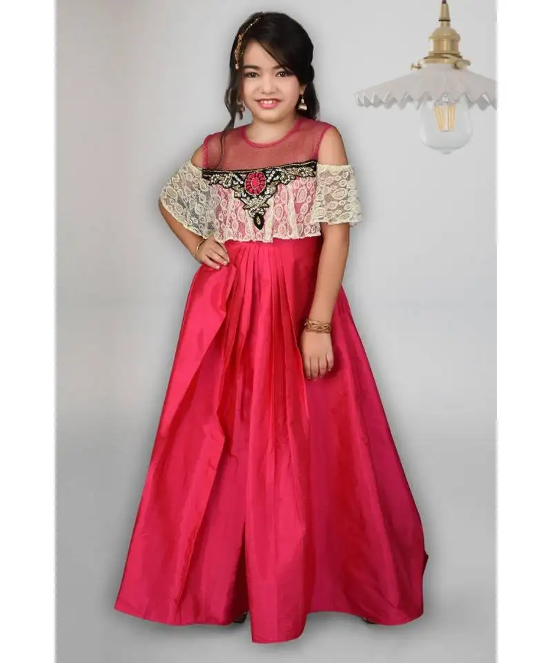 Pink embroidered taffeta stitched kids frocks