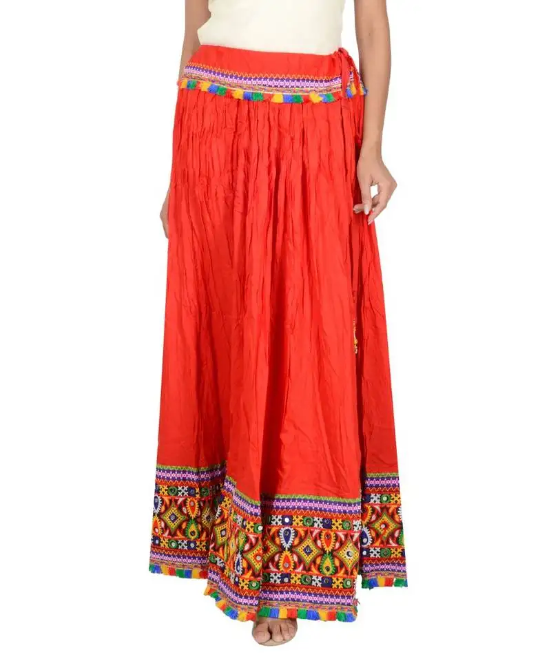 Kutchi embroidered border rayon skirt::Chaniya - kutchiskirt-red