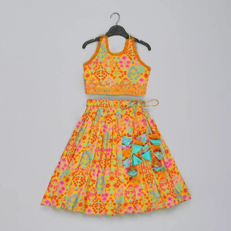 Mustard floral printed mirrow work and embroidered blouse with floral printed ghagara set