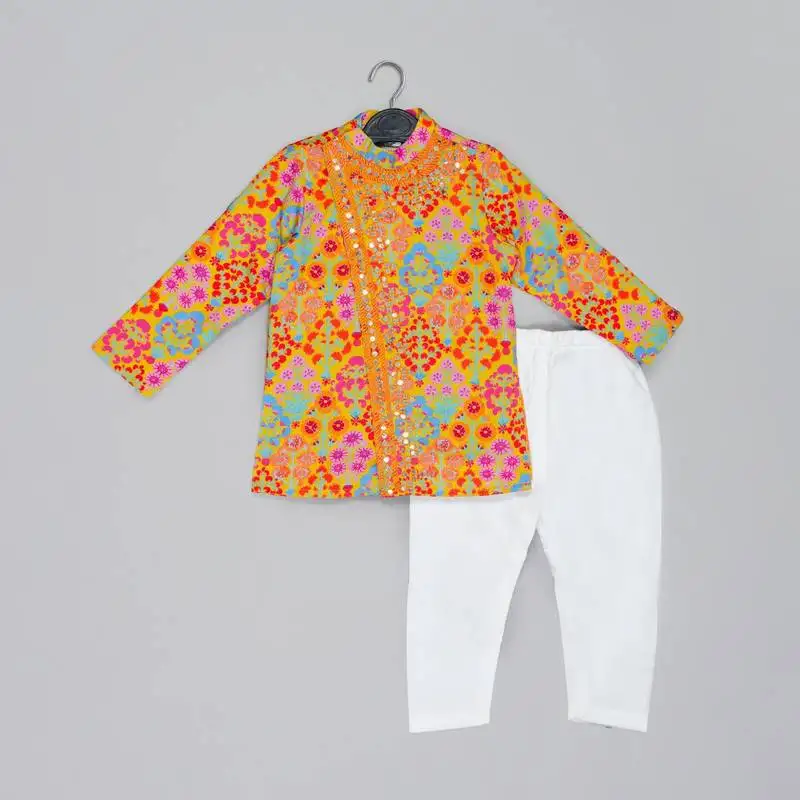 Mustard stylish floral printed front open kurta ,mirror work and embroidery with pajama set