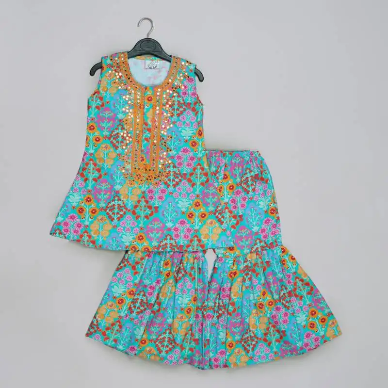 Blue floral printed mirrow work and embroidered top with floral printed sharara set