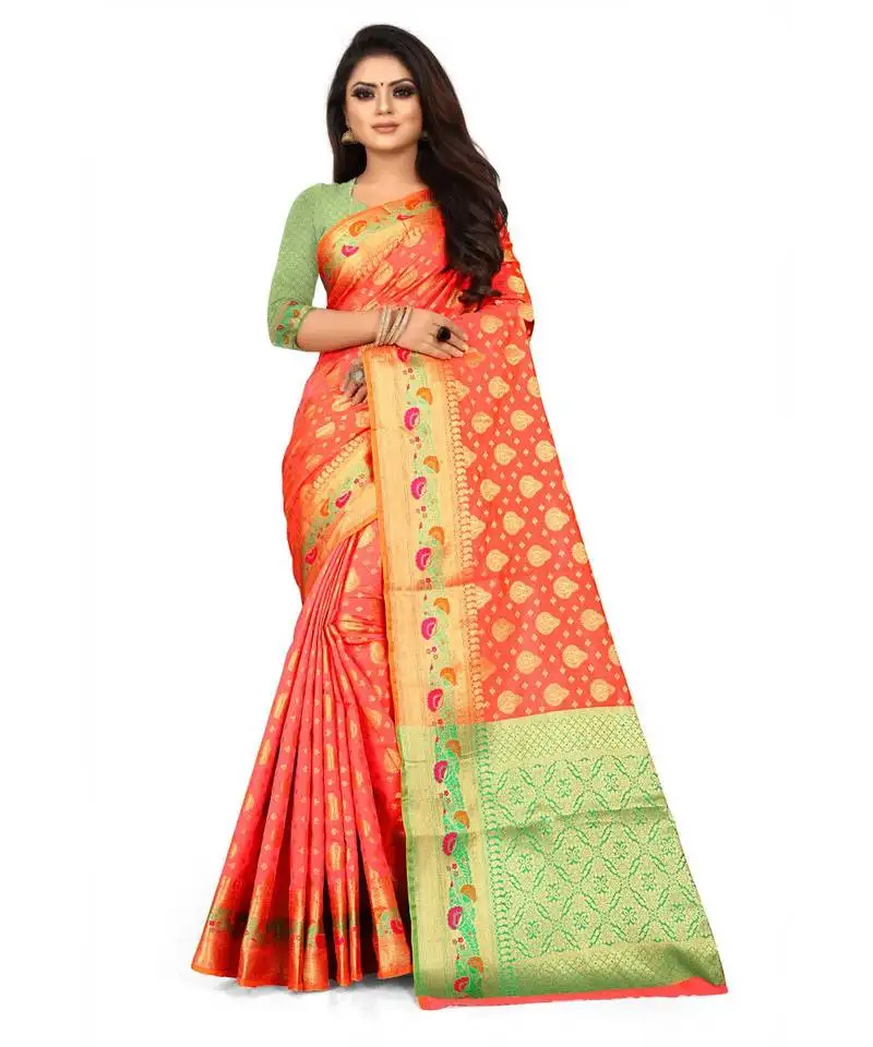 Peach art silk banarasi woven saree
