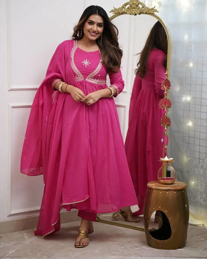 Pink muslin cotton embroidered anarkali gown with bottom & chanderi dupatta set