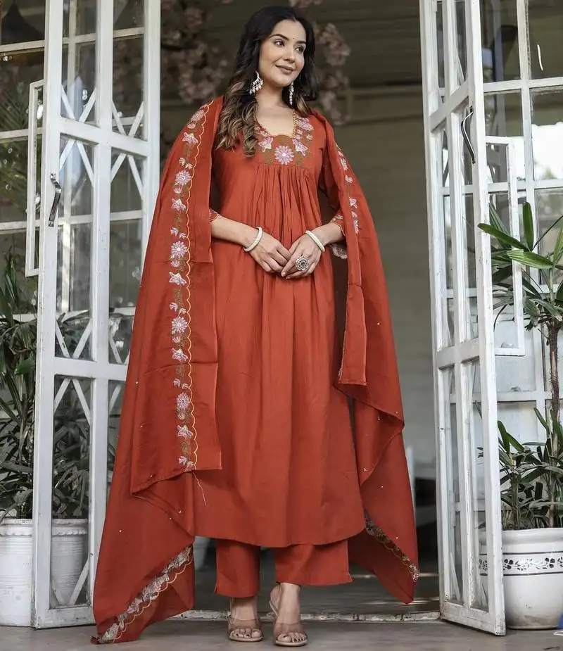 Rust orange embroidered rayon slub anarkali kurta with pant & chanderi cotton dupatta set