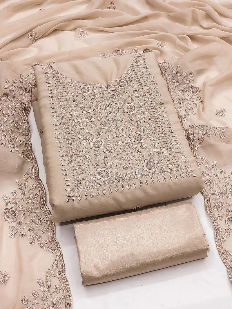 Beige embroidered suit perfect for festive & wedding occasions unstitched