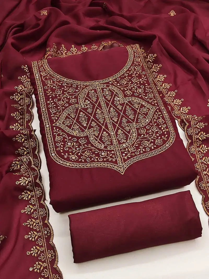 Graceful embroidered suit set featuring intricate zari work and a delicately bordered dupatta unstitched