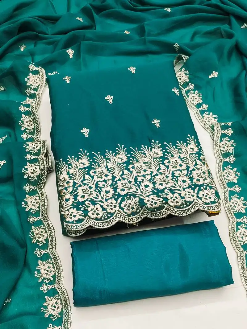 Exquisite embroidered suit set featuring floral threadwork and scalloped border dupatta unstitched