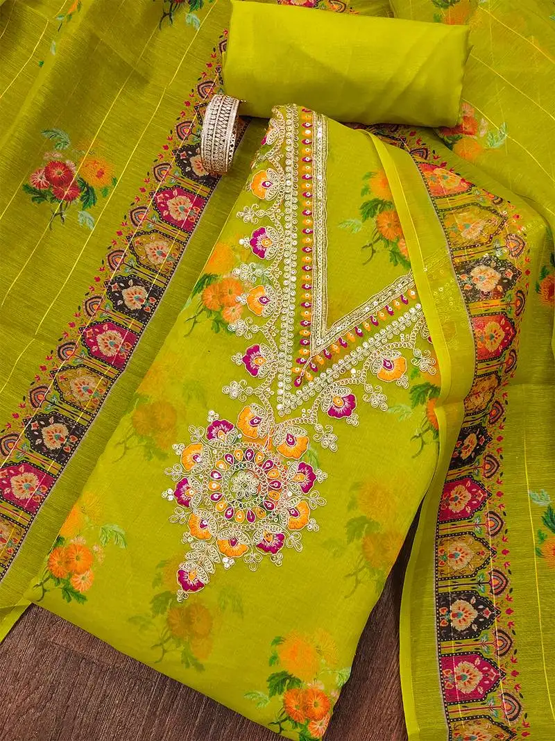Embroidered floral dress material set with dupatta unstitched