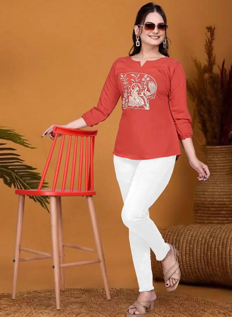 Rust orange embroidered roman silk 3::4 sleeve top