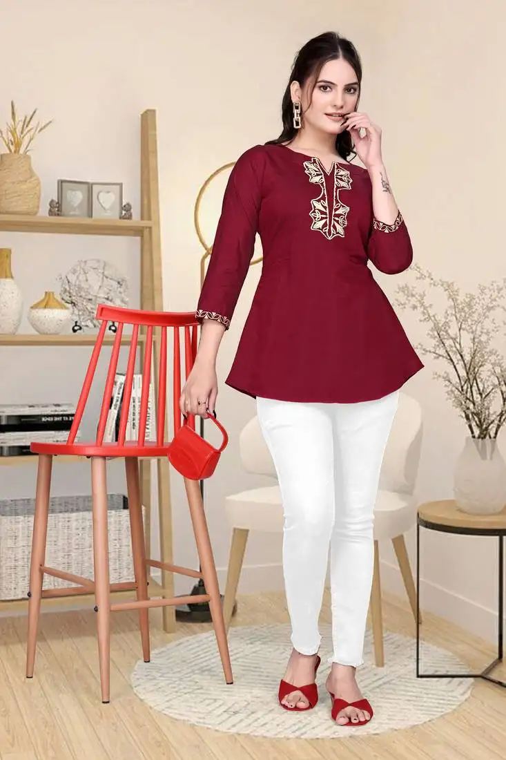 Maroon embroidered roman silk top with 3::4 sleeves