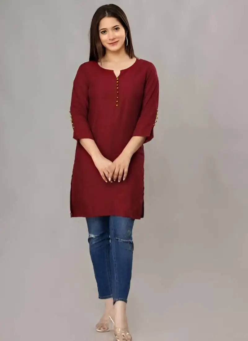 Maroon solid roman silk regular top with 3::4 sleeves