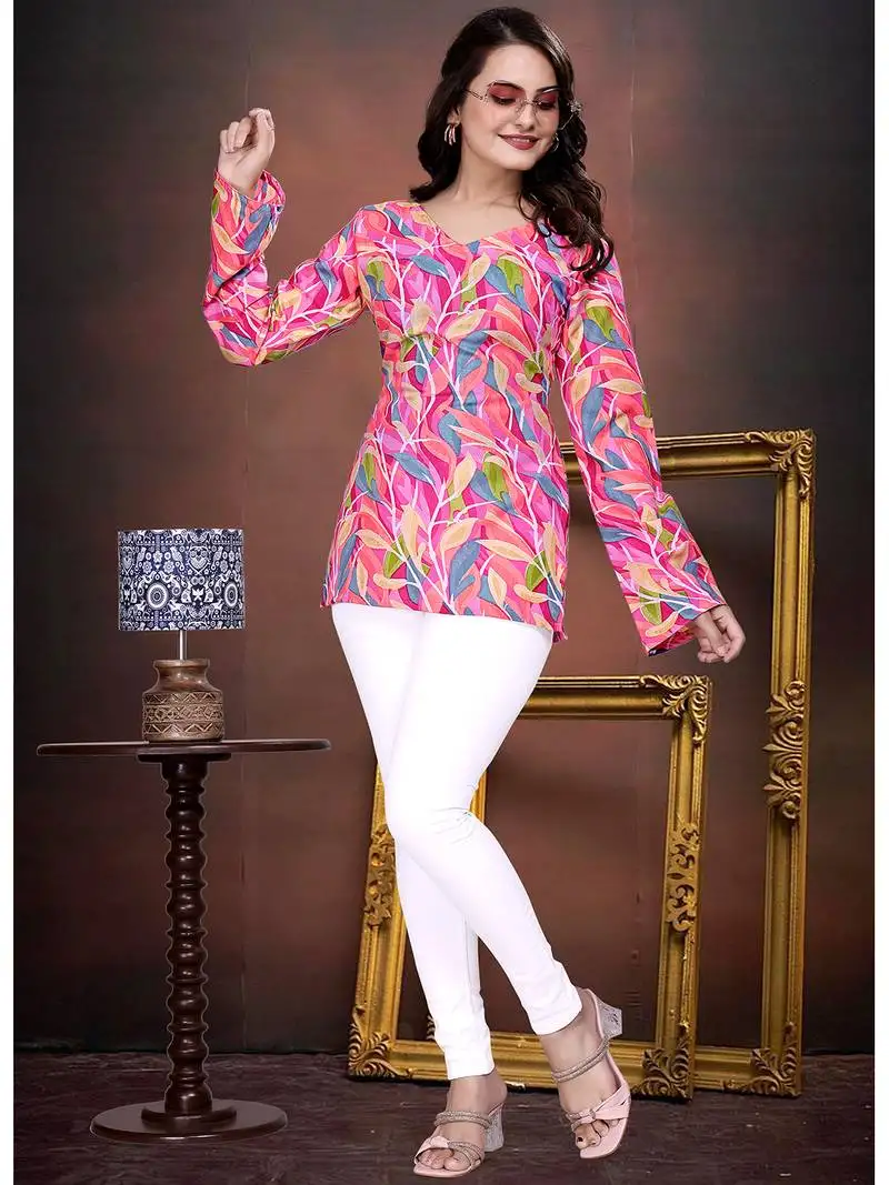 Vibrant pink printed cotton blend v-neck full sleeve top for women