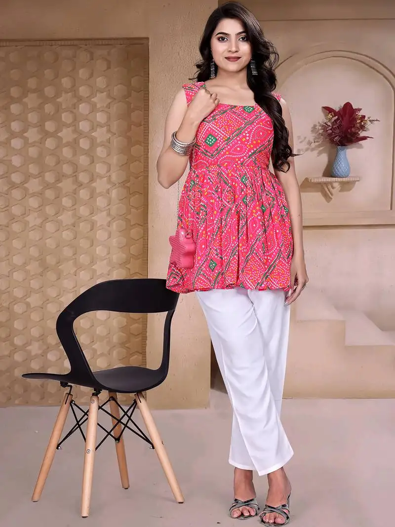 Stylish pink bandhani printed delta silk sleeveless top for women
