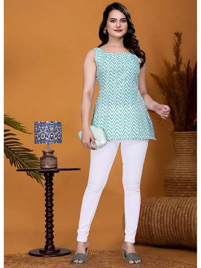 Stylish green printed cotton blend round neck sleeveless top for women