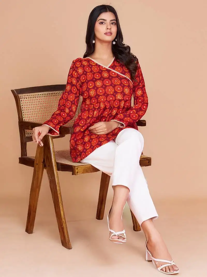 Vibrant red-orange digital printed delta silk v-neck full sleeve top for women