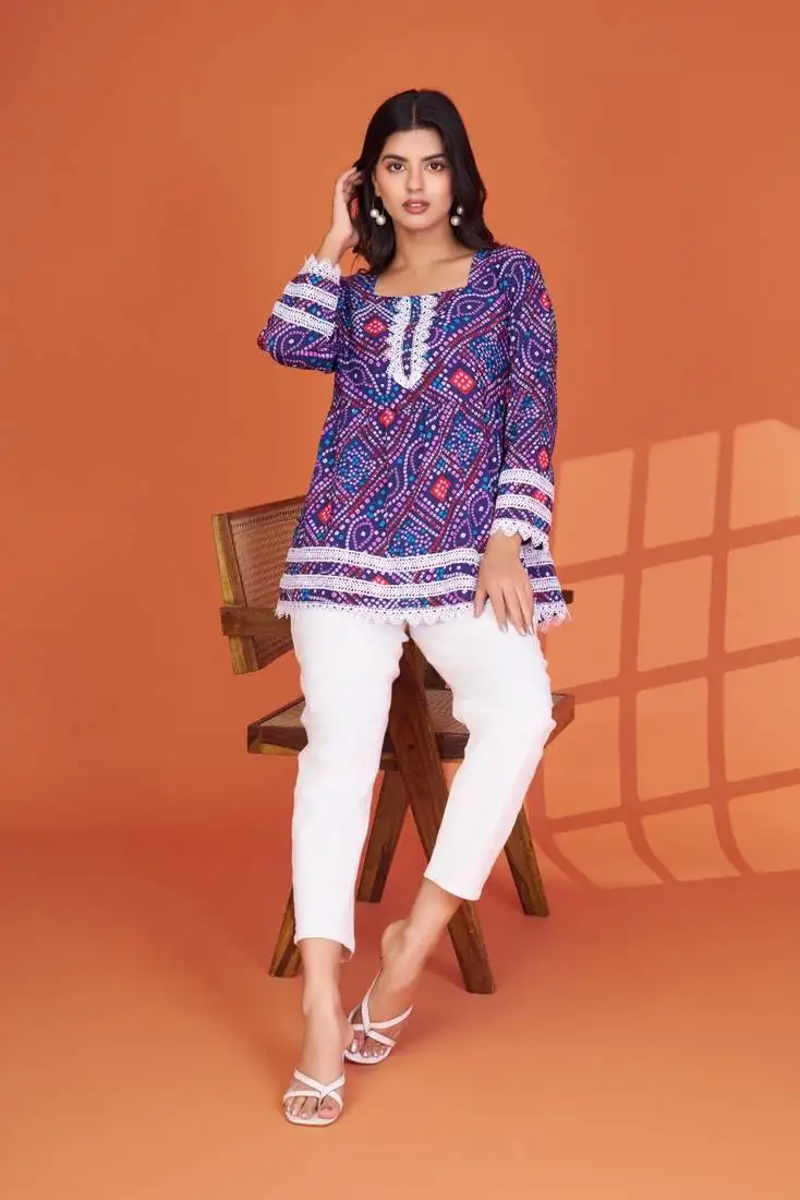 Blue printed delta silk top with lace detailing and square neck