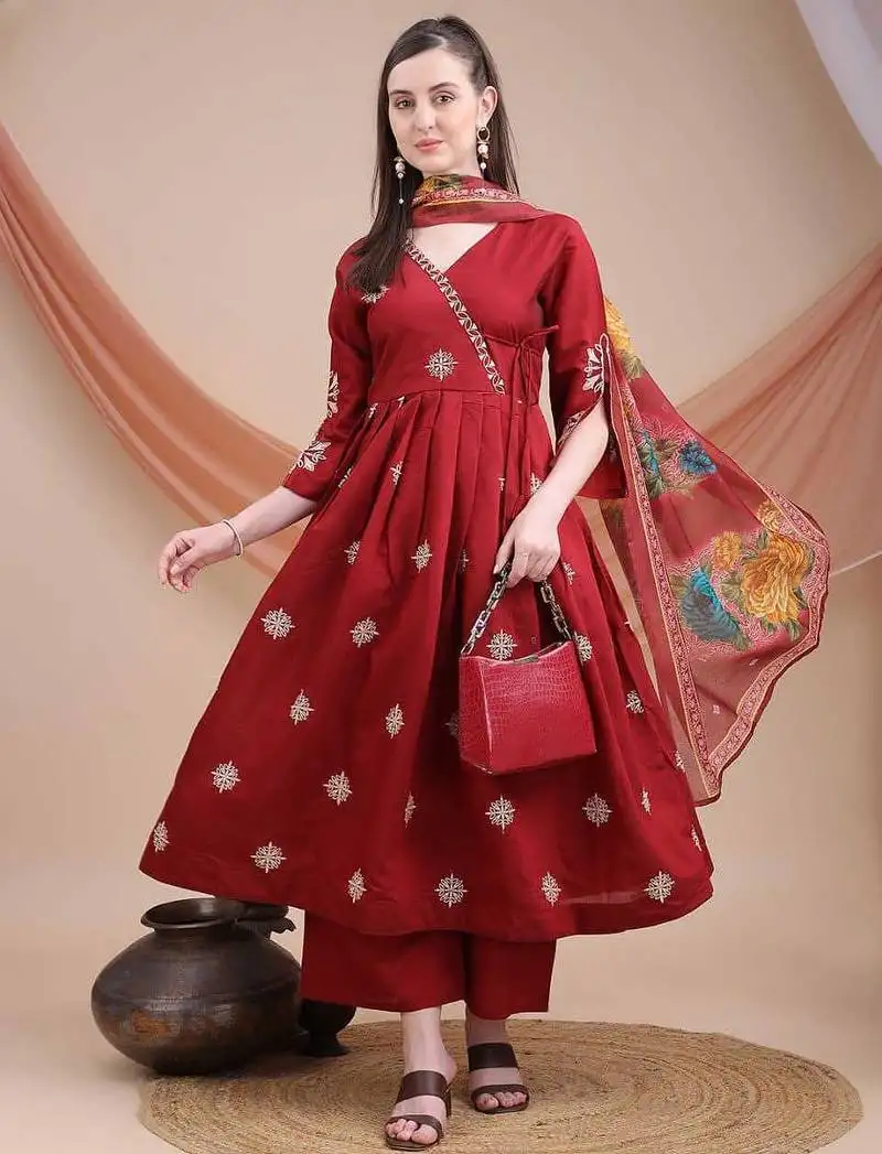 Maroon flared kurta set with printed dupatta for women