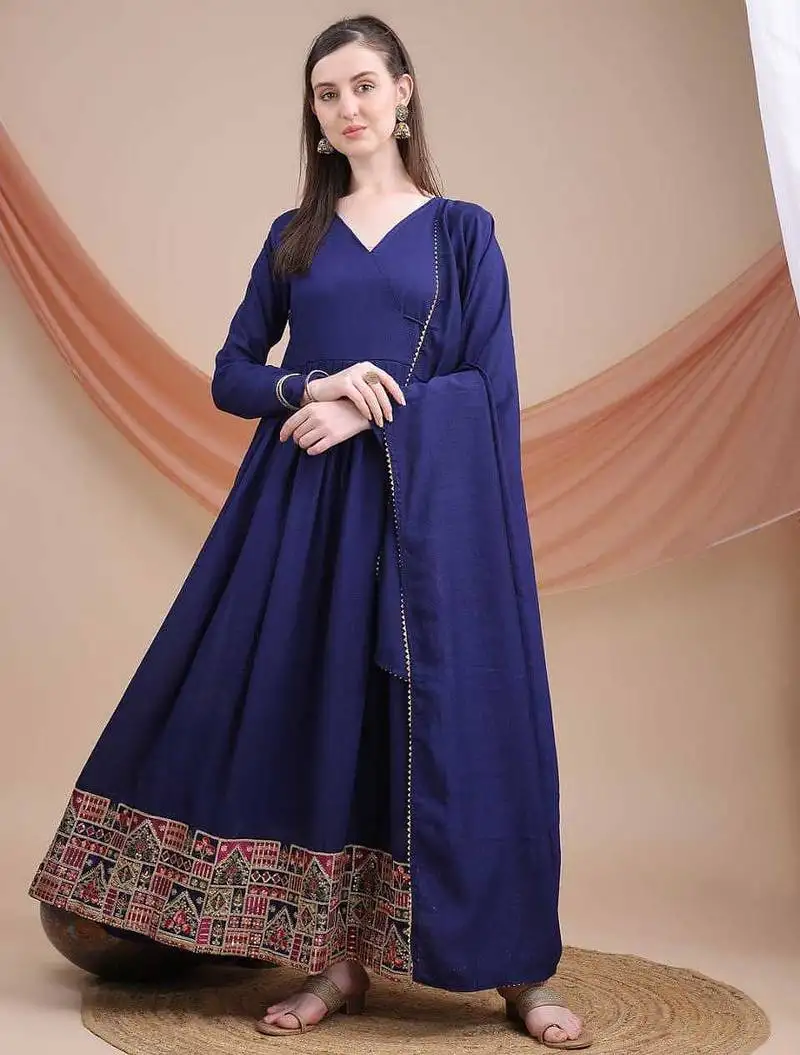Navy blue anarkali kurta set with heavy embroidered hem & solid dupatta