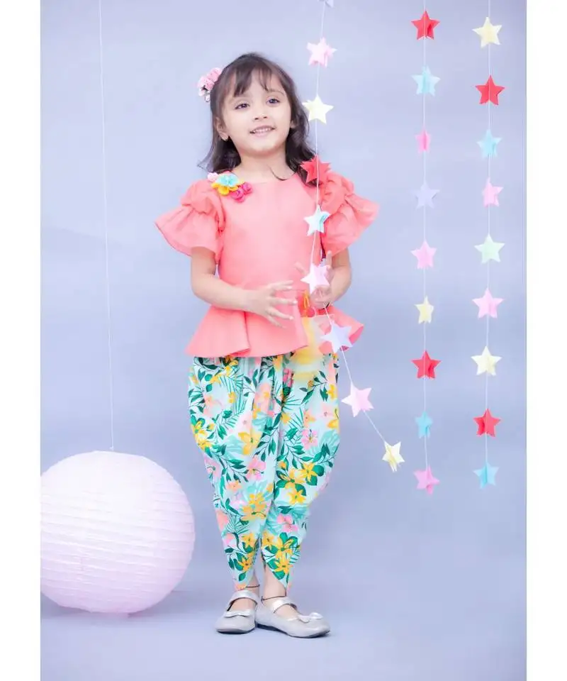 Peach cotton printed dhoti set for girls