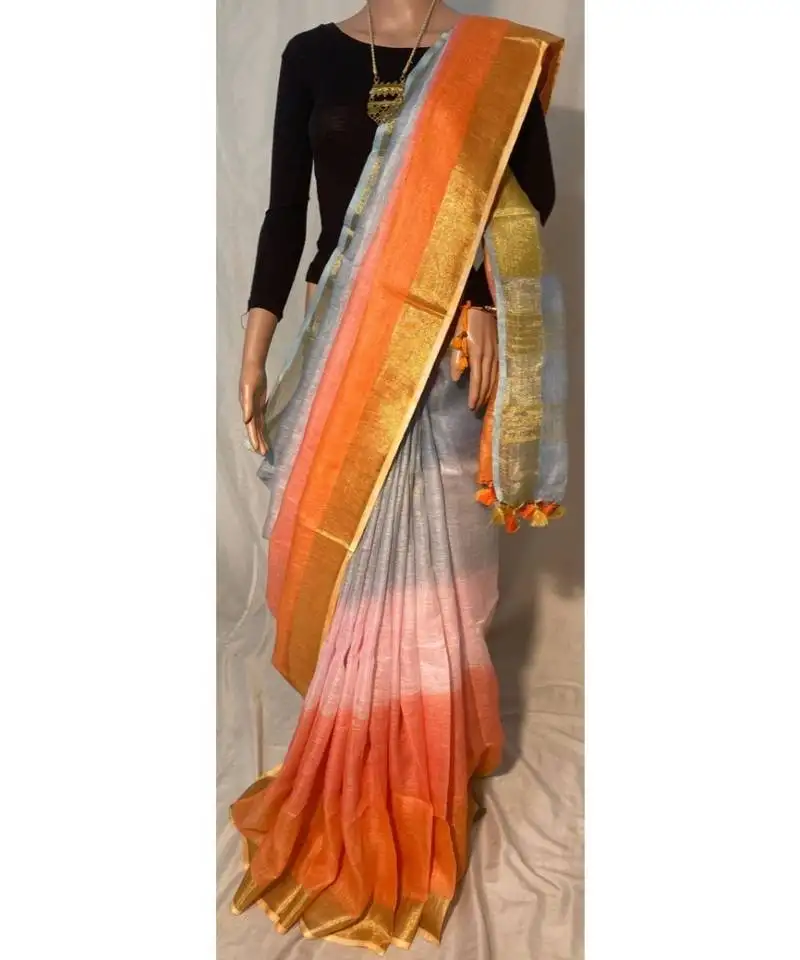 Handwoven multicolor dye linen saree with blouse piece