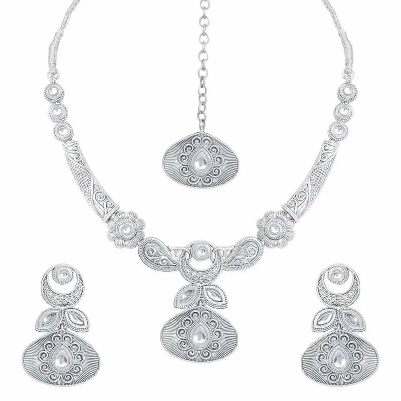 Oxidised silver handcrafted rajsthani necklace set with earrings & maang tikka for women