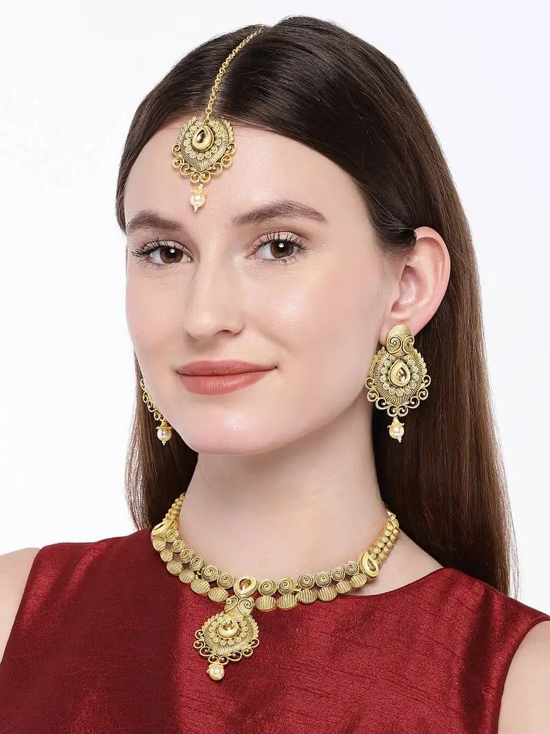 Antique handcrafted polki traditional necklace set with earrings & maang tikka for women