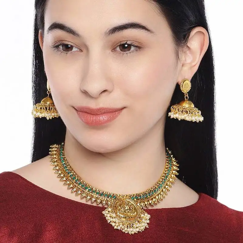 24k gold plated temple jewellery laxmi pendant necklace set with earrings for women