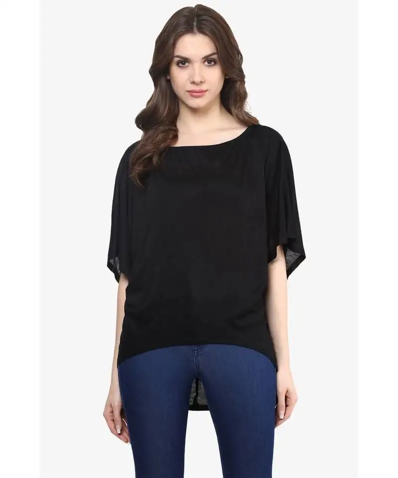 Women's black boat neck continuous sleeves high low hemline top