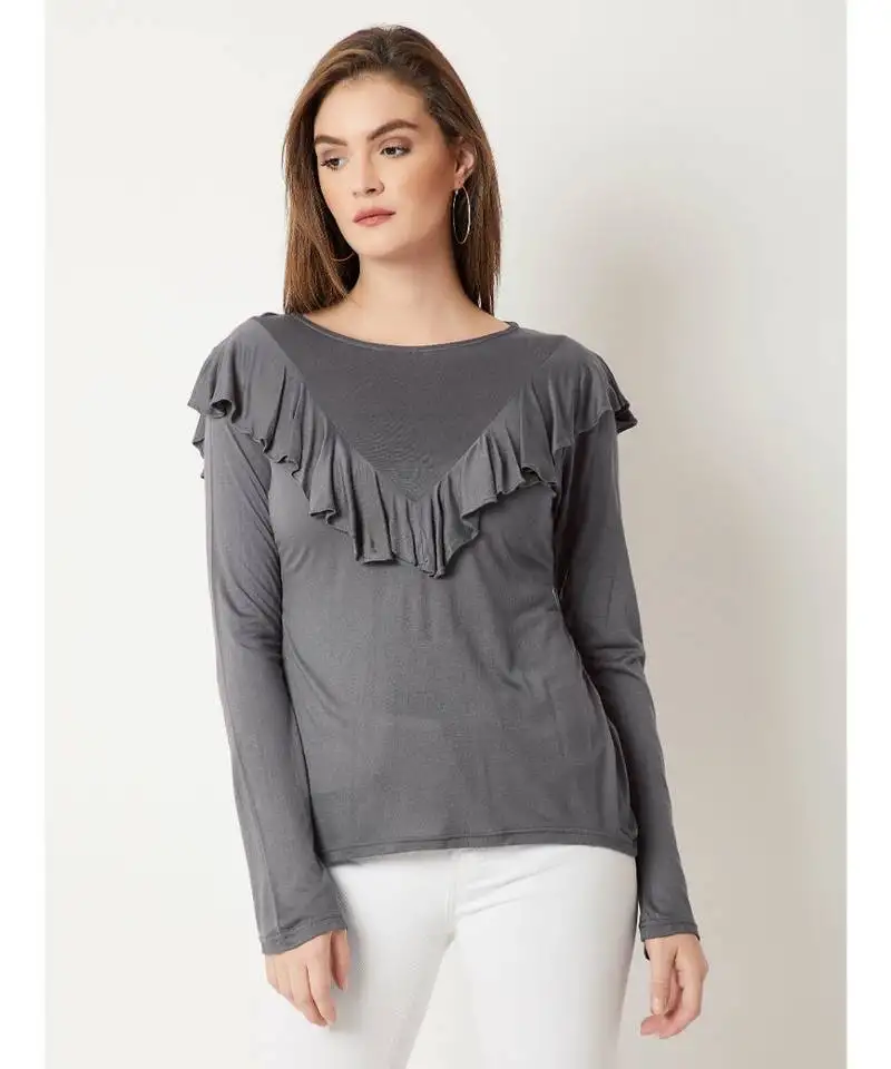 Women's grey round neck fullSleeves solid ruffled top